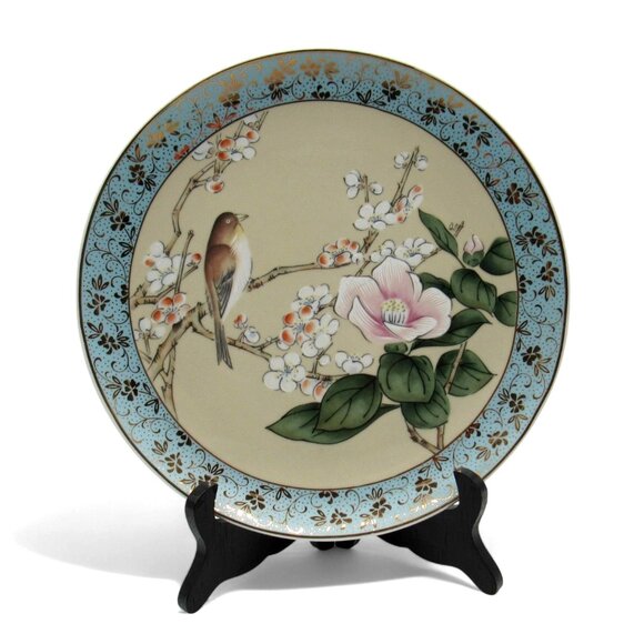 ASAHI Japan PLATE Bird And Flower Blossoms with Blue Gold Border 10" - Picture 1 of 10